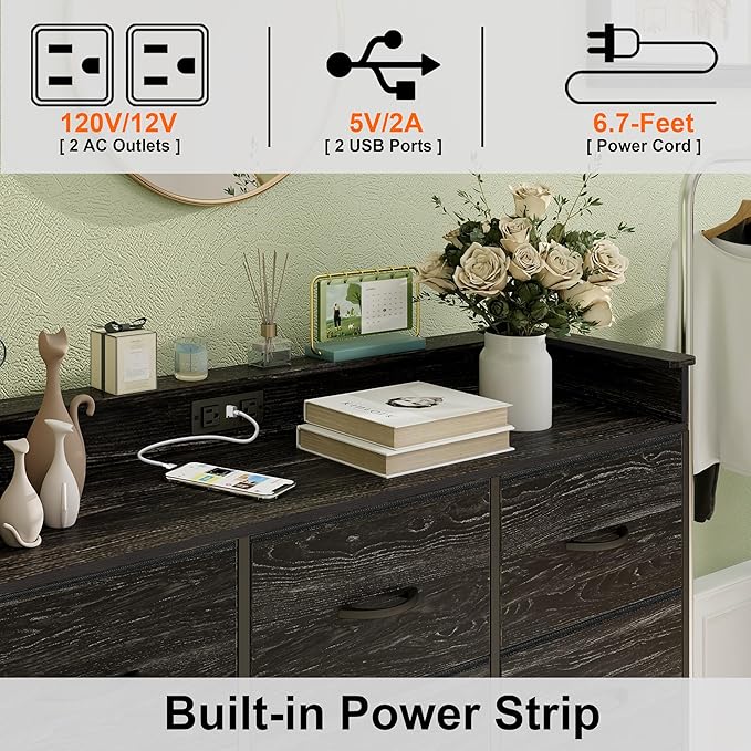 Welfuturer Black Dresser with LED Light 12 Drawers Dresser with Charging Station Dressers for Bedroom with 12 Fabric Drawers for Bedroom Hallway Entryway Closets Sturdy Steel Frame Wood Top Black