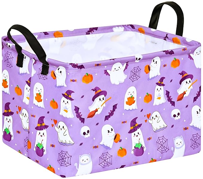 FUULOXE Halloween Empty Storage Basket with Handles Open Gifts&Candy Spooky Basket stuffers for Kids Baby Collapsible Women Organizer Bins Toys Boxes for Shelves Home Office