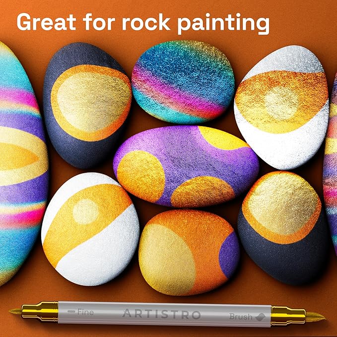 ARTISTRO 24 Metallic Acrylic Paint Markers - Paint Pens Dual Tip Brush + Fine Ideal for Calligraphy - Perfect for Fabric, Rock, Glass, Wood, DIY - Art Supplies, Stocking Stuffers, Christmas Gift Idea