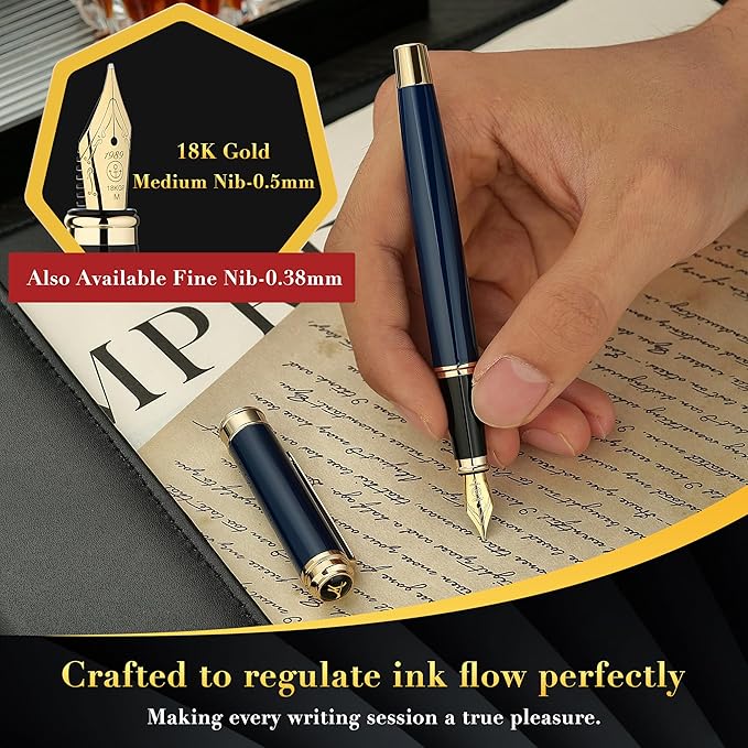MCNTEIK 317 Fountain Pen,Stunning Luxury Piano Lacquer,18K Gilded Nib(Medium),Gorgeous 24K Gold Finish, Ink Converter,Nice Gift for Men&Women-Elegant,Executive,Fancy Pens for Writing, BU-M