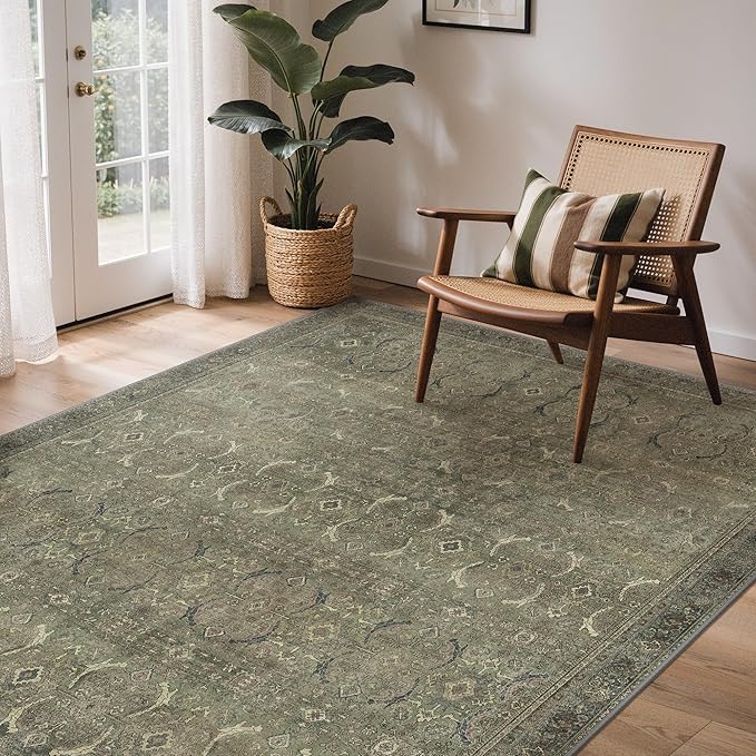 GENIMO 6x9 Area Rugs for Living Room, Machine Washable Non Slip Vintage Rugs, Low Pile Lightweight Chenille Print Rug for Bedroom, Dining Room, Home Office, Muted Green