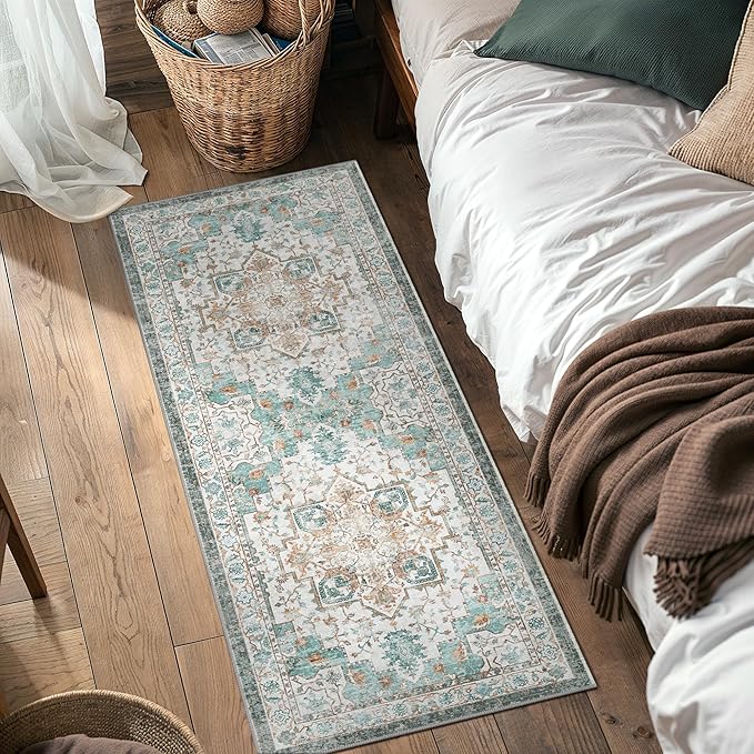 GENIMO 2‘6“x8 Runner Rugs for Hallway, Machine Washable Non Slip Vintage Rugs, Low Pile Lightweight Soft Print Rug for enrtyway, Corridor, Home Office, Kitchen, Cyan
