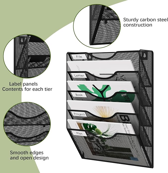 EasyPAG 5 Pocket Mesh Wall File Organizer, Hanging Paper Folder Holder with Classify Label, Vertical Wall Mount Mail Organizer for Office Home Classroom, Black