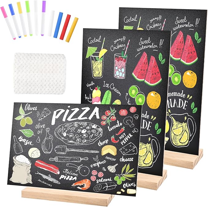 Bouiexye 3 Pack 8.1x12 in Chalkboard Signs with Stand for Tables Small Chalk Board Signs Tabletop Message Board Sign with Wood Base for Home Decorations Coffee Shop Restaurant Kitchen Wedding Party