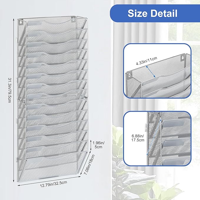 EasyPAG Wall File Organizer for Office 14 Pocket Mesh Wall Mounted Paper Organizer Hanging Folder Holder with Nametag Label for Home School, Silver