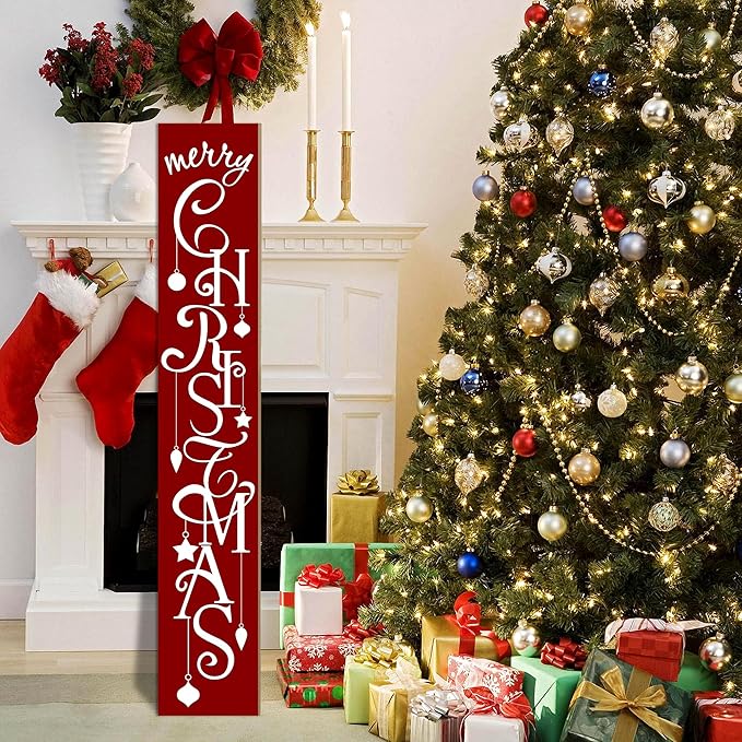 ARTUFAN Merry Christmas Red with Star porch sign Welcome for Front Door Porch Deck Patio or Wall -Indoor and Outdoor Decorative Farmhouse Rustic Vertical Porch and Yard Decor - 7.8''x47.5''