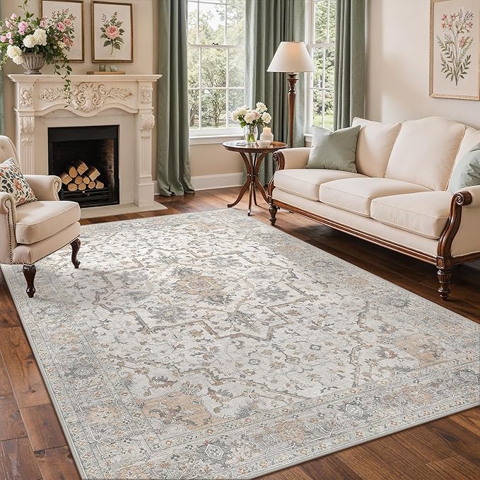 GENIMO 8x10 Area Rugs for Living Room, Machine Washable Non Slip Vintage Rugs, Low Pile Lightweight Chenille Print Rug for Bedroom, Dining Room, Home Office