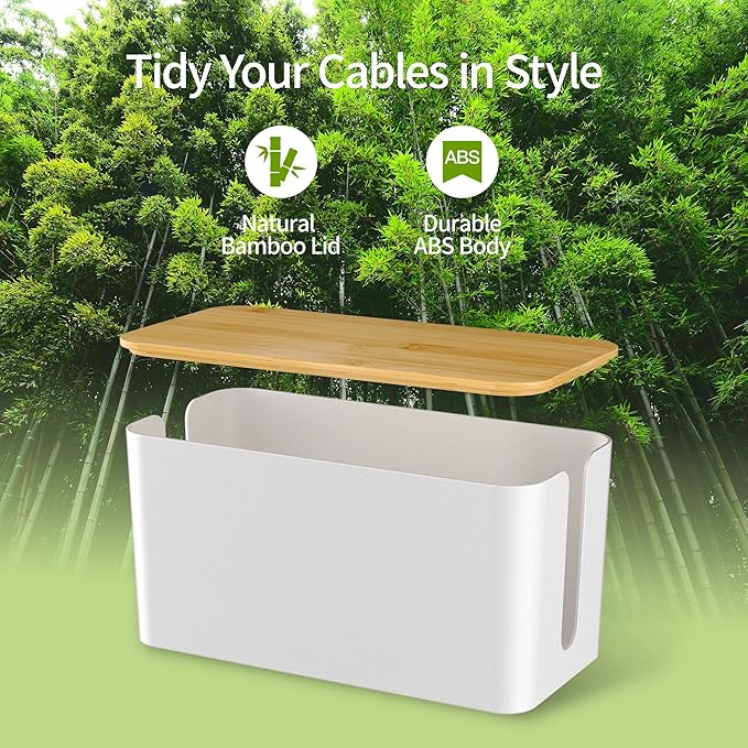YECAYE 2 Pack Cable Management Box, Wooden Lid & Plastic Body, Medium and Small Cord Organizer Box – Power Strip Cord Organizer, Cable Hider for Home & Office– Baby Proofing