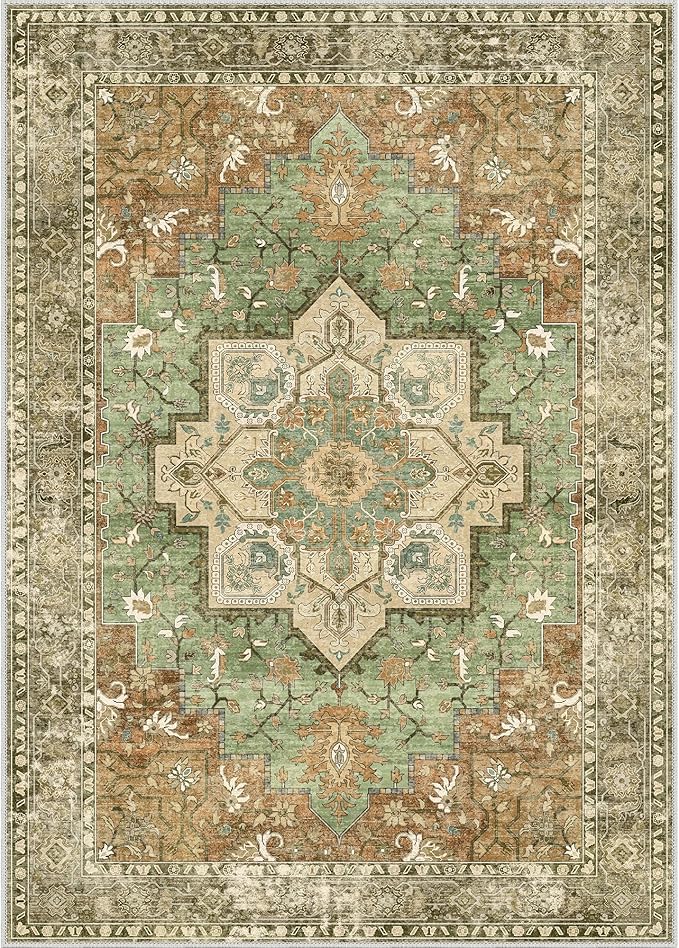GENIMO 5x7 Area Rugs for Living Room, Machine Washable Rug, Non Slip Indoor Vintage Rug, Low Pile Lightweight Chenille Print Carpet for Bedroom Dining Room Home Office, Muted Green Brown