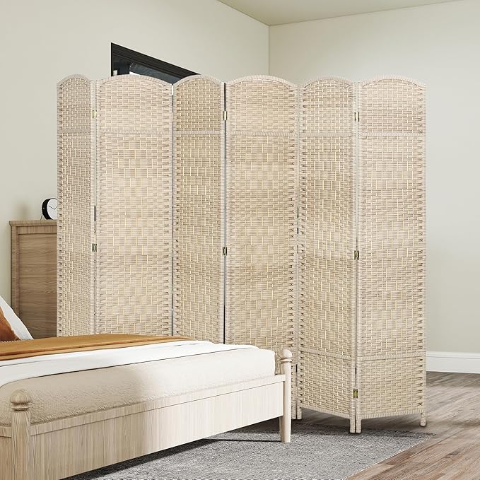 HOMCOM 6 Panel Room Divider, 6' Tall Folding Privacy Screen, Hand-Woven Freestanding Wall Partition for Home Office, Bedroom, Washed Oak