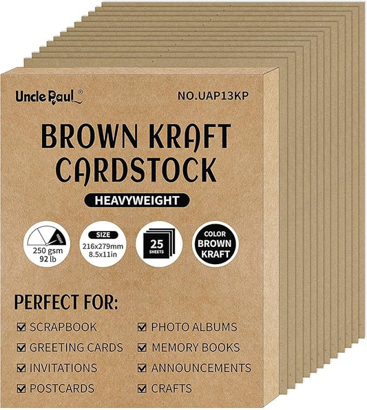 Brown Kraft Cardstock - 8.5'' x 11'' 85lb Cover Card Stock Heavyweight Paper Perfect for Scrapbooks/Art/Crafts/Christmas/New Year Cards 25 Sheets 250GSM UAP13KP
