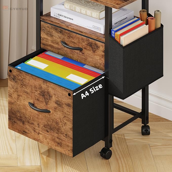 GYIIYUO 2 Drawer File Cabinet with 24'' Extended Desktop, Mobile Filing Cabinet, Rolling File Cabinet with Side Bag, Fabric Drawer, Fits A4/Letter Size, Printer Stand Home Office, Light Brown