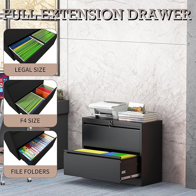 mysteeldepot 2 Drawer Lateral File Cabinet with Lock, File Cabinet, Metal Lateral Filing Cabinets for Home Office, File Storage Cabinet for Legal/Letter/A4 Documents, Assembly Required (Black, 35'W)