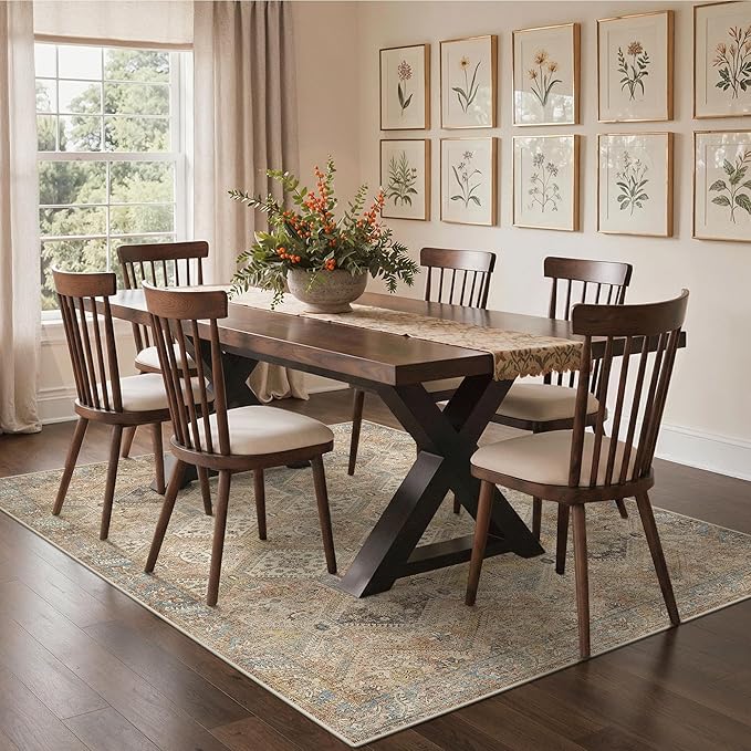 GENIMO 3x5 Area Rugs for Living Room, Machine Washable Non Slip Vintage Rugs, Low Pile Lightweight Print Rug for Bedroom, Dining Room, Home Office, Warm Brown