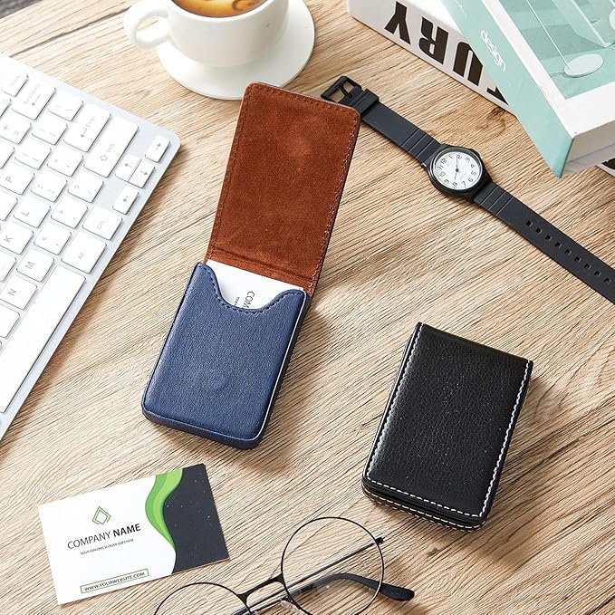 Outus 2 Pieces Business Card Holder, PU Leather Business Card Case Pocket Wallet with Magnetic Shut for Christmas Gift Men Women(Black, Blue,Classic)