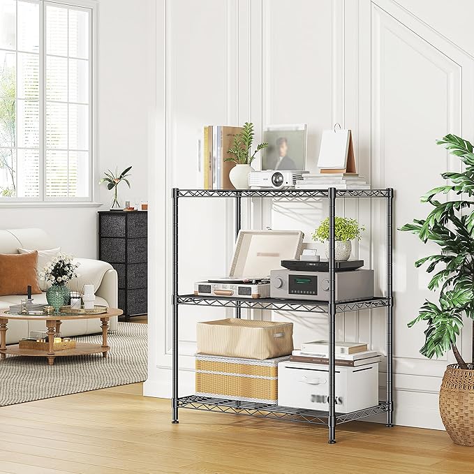 3 Tier Storage Shelves Metal Shelving Unit,Adjustable Wire Rack Pantry Kitchen Shelves,Small Shelf Wire Shelving for Laundry Office Bedroom Dorm Bathroom Closet 24" W x 30" H x 14" D Black Shelves