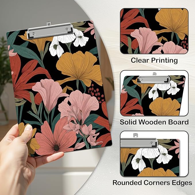 APIILVPQ Boho Clipboard，Floral Clipboards with Low Profile Clip for Office School Use, Botanical Wooden Clip Boards for Nurses Teachers Students - A02