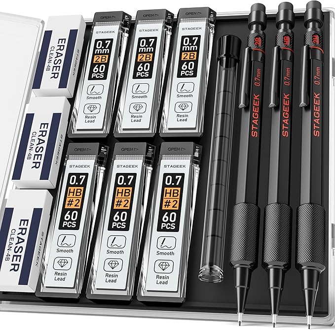 STAGEEK 0.7mm Mechanical Pencil Set, 3PCS Metal Mechanical Pencils 0.7mm with 6 Tubes HB & 2B Lead Refills,Erasers, Weatherproof Artist Pencils with Case for Outdoor Writing Drafting Drawing