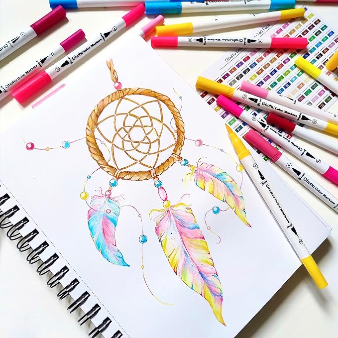 Ohuhu Markers for Adult Coloring Books No Bleeding 120 Colors Water-based Dual Tips Fineliner & Brush Coloring Markers for Kids Adults Beginners Drawing Pens for Journaling Lettering - Maui - White