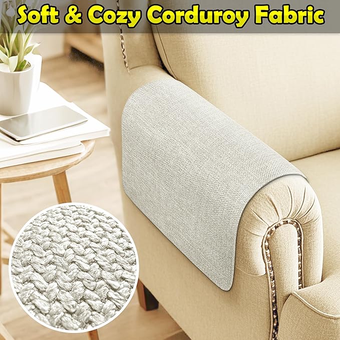 Couch Arm Covers, Waterproof Armrest Cover for Sofa, Armchair, Loveseat, Non-Slip Recliner Arm Cover, Sofa Arm Covers, Headrest Covers, Arm Chair Covers Set of 2 (Cream White, 24"×20")