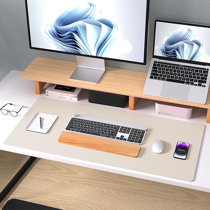Aothia Large PU Leather Desk Pad Protector – Non-Slip Mouse Pad & Writing Mat for Office/Home, Waterproof, Easy to Clean (36" x 17", Eggshell)