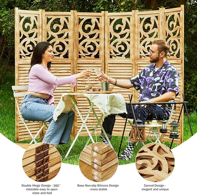 Room Divider Wood Carved Wall Divider Indoor Folding Portable Partition Screen for Home Office Garden Terrace - 6 Panel, 67 * 90inch (Wood)