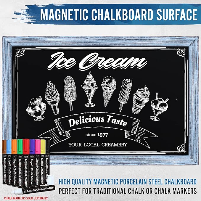 HBCY Creations Rustic Blue Wooden Magnetic Wall Chalkboard, Extra Large Size 24" x 36", Framed Decorative Chalkboard - Great for Kitchen Decor, Weddings, Restaurant Menus and More! (24" x 36")