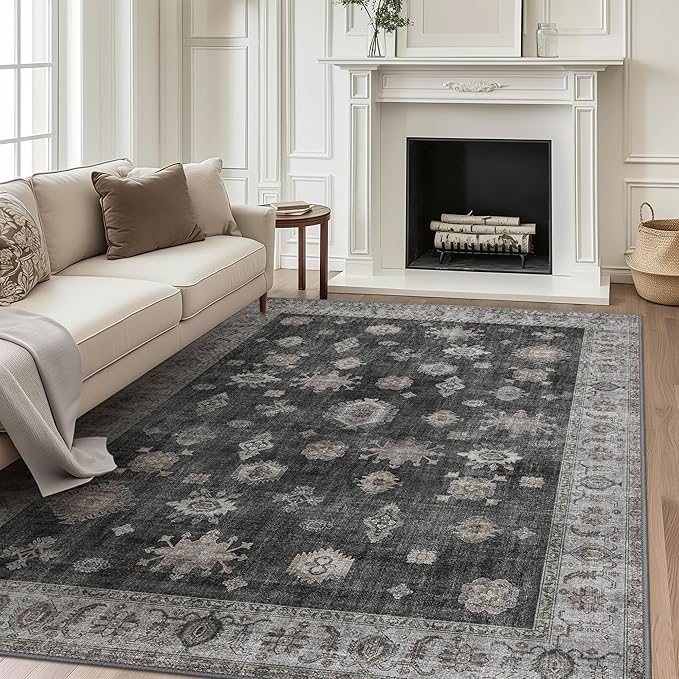 GENIMO 5x7 Area Rugs for Living Room, Machine Washable Non Slip Vintage Retro Rugs, Low Pile Lightweight Chenille Print Rug for Bedroom, Dining Room, Home Office, Charcoal