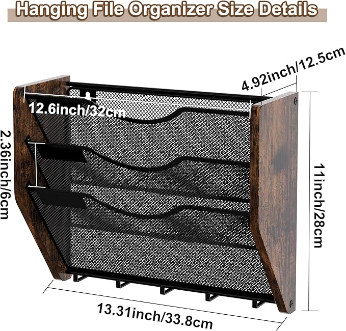 PAG-Mass Wall File Organizer With Hooks,3 Tier Mesh Mail Organizer Wall Mounted,Hanging File Organizer,Magazine Holder for Documents,Magazine,Literature,File,Mails,Envelopes