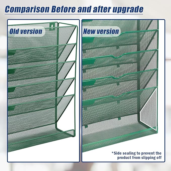 EASEPRES 6 Tier Desk File Organizer, Mesh Hanging Wall Mount Document Organization Stand, Desktop Vertical Mail Paper Folder Holder Rack with Bottom Tray for Office Cubicle, Sides Closed, Dark Green