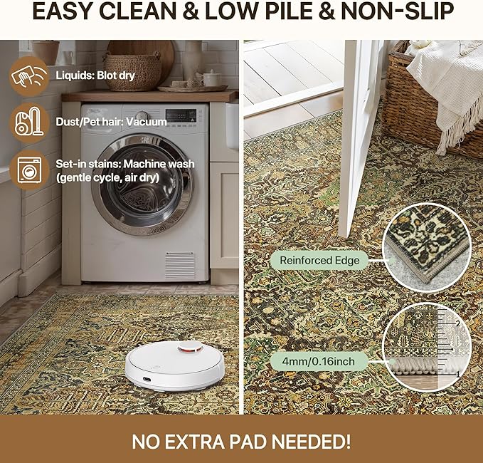 GENIMO 6x9 Area Rugs for Living Room, Machine Washable Low Pile Rugs, Chenille Non Alip Vintage Rug for Bedroom, Dining Room, Home Office, Bronze Olive