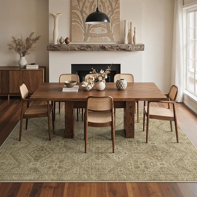 GENIMO 3x5 Area Rugs for Living Room, Machine Washable Non Slip Vintage Rugs, Low Pile Lightweight Print Rug for Bedroom, Dining Room, Home Office, Tan Brown