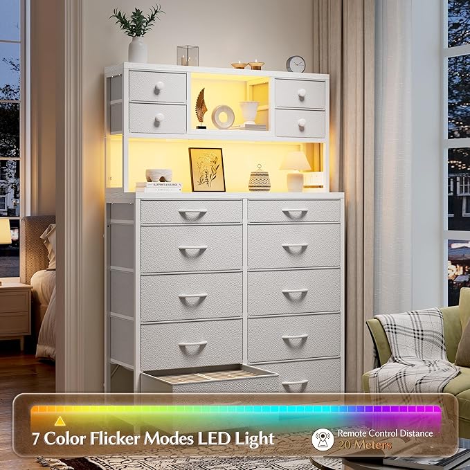 EnHomee 62.8" H Dresser for Bedroom with Multiple Fabric Drawers,White Dresser with Charging Station and LED Lights,Dressers & Chests of Drawers for Bedroom, Steel Frame & Wooden Top, Entryway