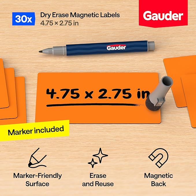 GAUDER Magnetic Dry Erase Labels | 30x Magnetic Labels (4,75 Inches x 2,75 Inches) | 30x Dry Erase Magnets for Classroom, Whiteboard and Blackboard