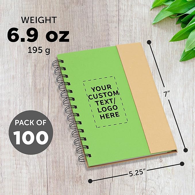 DISCOUNT PROMOS Custom Eco Friendly Spiral Notebooks with Pens Set of 100, Personalized Bulk Pack - Perfect for School, Office, Home - Green