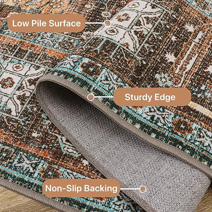 GENIMO 2x10 Runner Rugs for Hallway, Machine Washable Non Slip Vintage Rugs, Low Pile Lightweight Soft Print Rug for enrtyway, Corridor, Home Office, Kitchen, Vintage Brown/Blue
