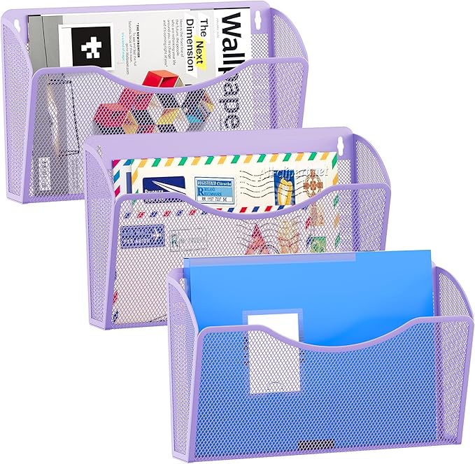 EasyPAG 3 Single Pocket Wall File Organizer, Mesh Hanging File Folder Organizer for Letter/A4 Size Folders, Wall Mounted Vertical Mail Holder for Paperwork, Office, Home, School, Purple