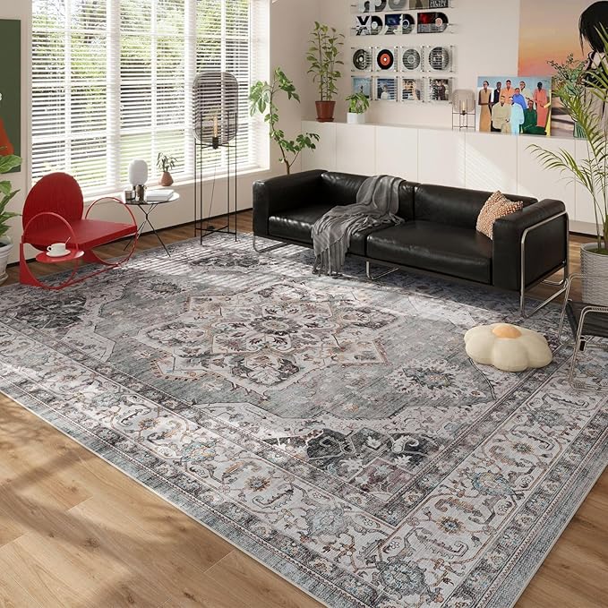 Rugcomf Vintage Medallion Living Room Rug 5'x7' - Machine Washable Area Rug, Non-Slip Low Pile Boho Carpet for Bedroom, Dining Room, Farmhouse, Office, Kids Playroom - Grey and White