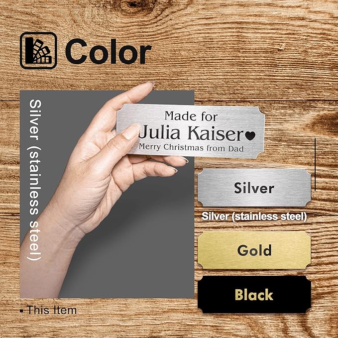 Personalized Name Plates, Silver Engraved Plaque, Stainless Steel Trophy Plates Engraved, Custom Name Plate with Adhesive Backing or Screws, 6" W x 2" H