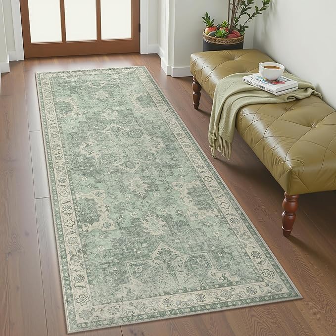 GENIMO 2'6''x6 Runner Rugs for Hallway, Machine Washable Non Slip Vintage Rugs, Low Pile Lightweight Soft Print Rug for enrtyway, Corridor, Home Office, Kitchen, Light Green