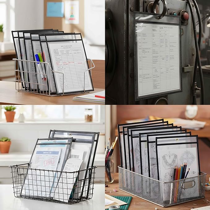 Pack of 50 Job Ticket Holders 10x14 Heavy Duty, 8.5 x 11 Letter Size, Clear & Black Plastic Sleeves, Hanging Document Sleeves, C-line Shop Ticket Holders 10x14