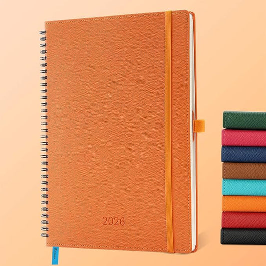 IN-LUXPRO Planner 2026 Daily Weekly and Monthly,11.5"x8.5",12 Months Spiral Bound Calendar Agenda with Self-adhesive Pen Holder,2026 Appointment Book with Vegan Leather Soft Cover,Orange