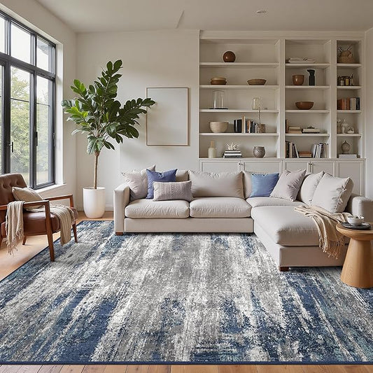 GENIMO Area Rugs 10x14 Machine Washable Rug for Living Room, Non Slip Indoor Modern Rug, Low Pile Lightweight Print Carpet for Bedroom Dining Room Home Office, Blue Ivory