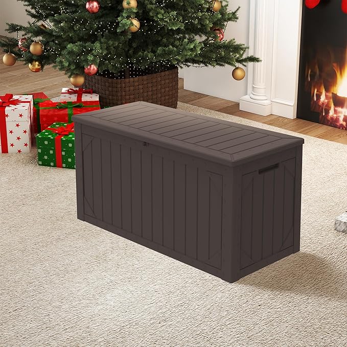 Decksplore 100 Gallon Outdoor Storage Box Waterproof, Lockable Resin Deck Box Patio Storage Bin for Pool Accessories Cushion Furniture, Garden Tools, UV-Resistant Outside Delivery, Brown