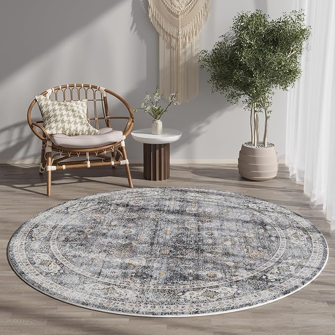 Rugcomf Round Rug 4ft Washable Circle Rug Non Slip Low Pile Boho Small Circular Rug for Bedroom, Bathroom, Entryway, Kids Room, Office, College Dorm(Grey)