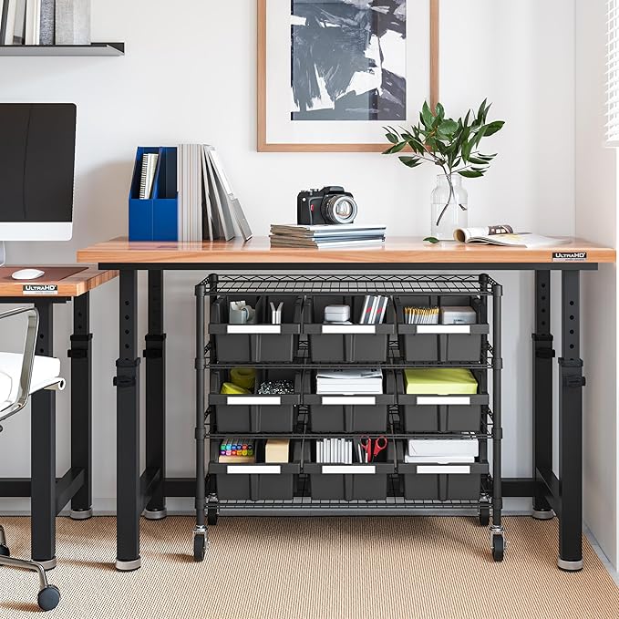 Seville Classics Heavy Duty NSF Bin Rack Solid Steel Wire Shelving Storage Unit, Patented Organizer for Garage, Warehouse, Office, Restaurant, Classroom, Kitchen, Graphite, 4-Tier includes 9 Bins