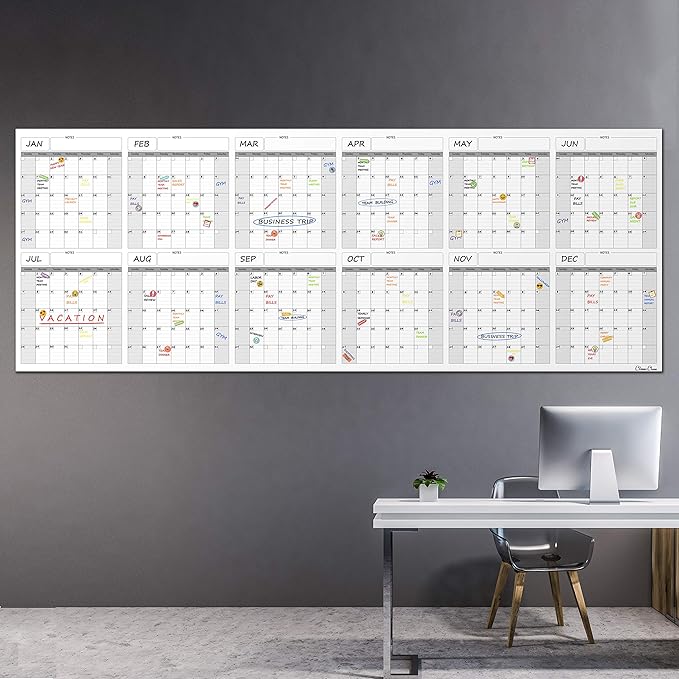 CLEVER CLEAN Large Dry Erase Wall Calendar - 36"x96" 12-month 2026 Undated Yearly Calendar for Home, Office, School Projects - Jumbo Reusable Laminated Task Organizer