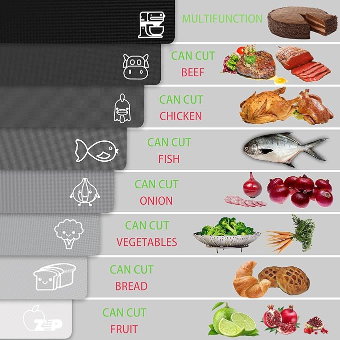 ZVP Plastic Cutting Boards for Kitchen, Flexible Cutting Mats, Gradient Gray Chopping Boards with Food Icon, Non-Slip, Non Porous, BPA Free, Dishwasher Safe