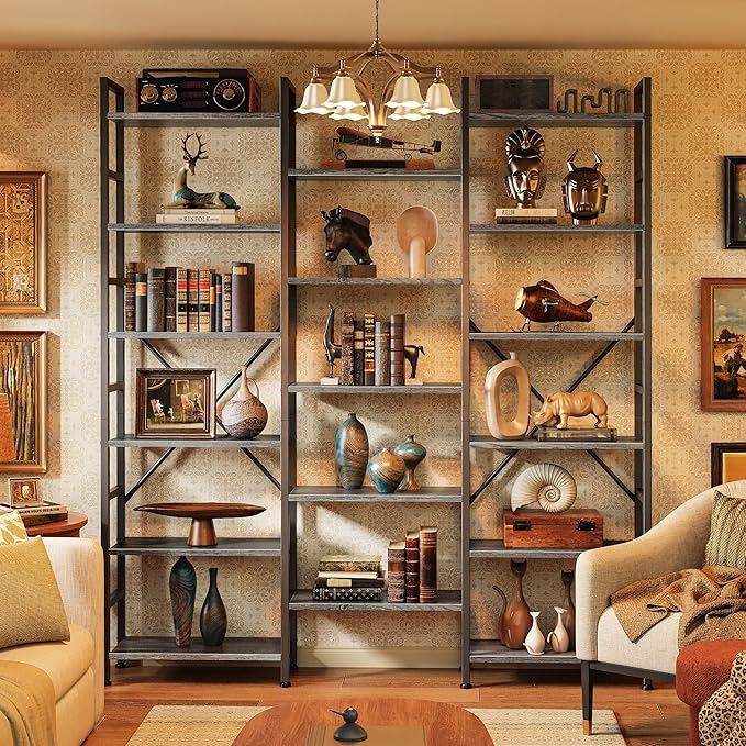 SUPERJARE Triple 6 Tier Bookshelf, Bookcase with 17 Open Display Shelves, Wide Book Shelf Book Case for Home & Office, Grey