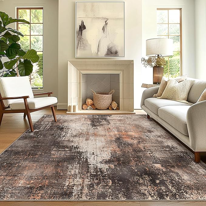GENIMO Washable Area Rugs for Living Room, 8x10 Vintage Non Slip Rugs, Low Pile Lightweight Soft Print Rug for Bedroom, Dining Room, Home Office, Brown Orange